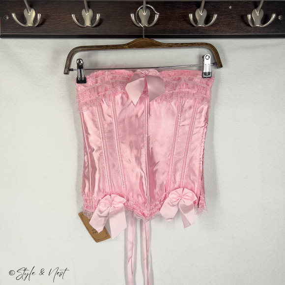 Pink Satin Bow Corset Lace Up Coquette Fairycore Renaissance Faire Women's Small - Picture 2 of 3